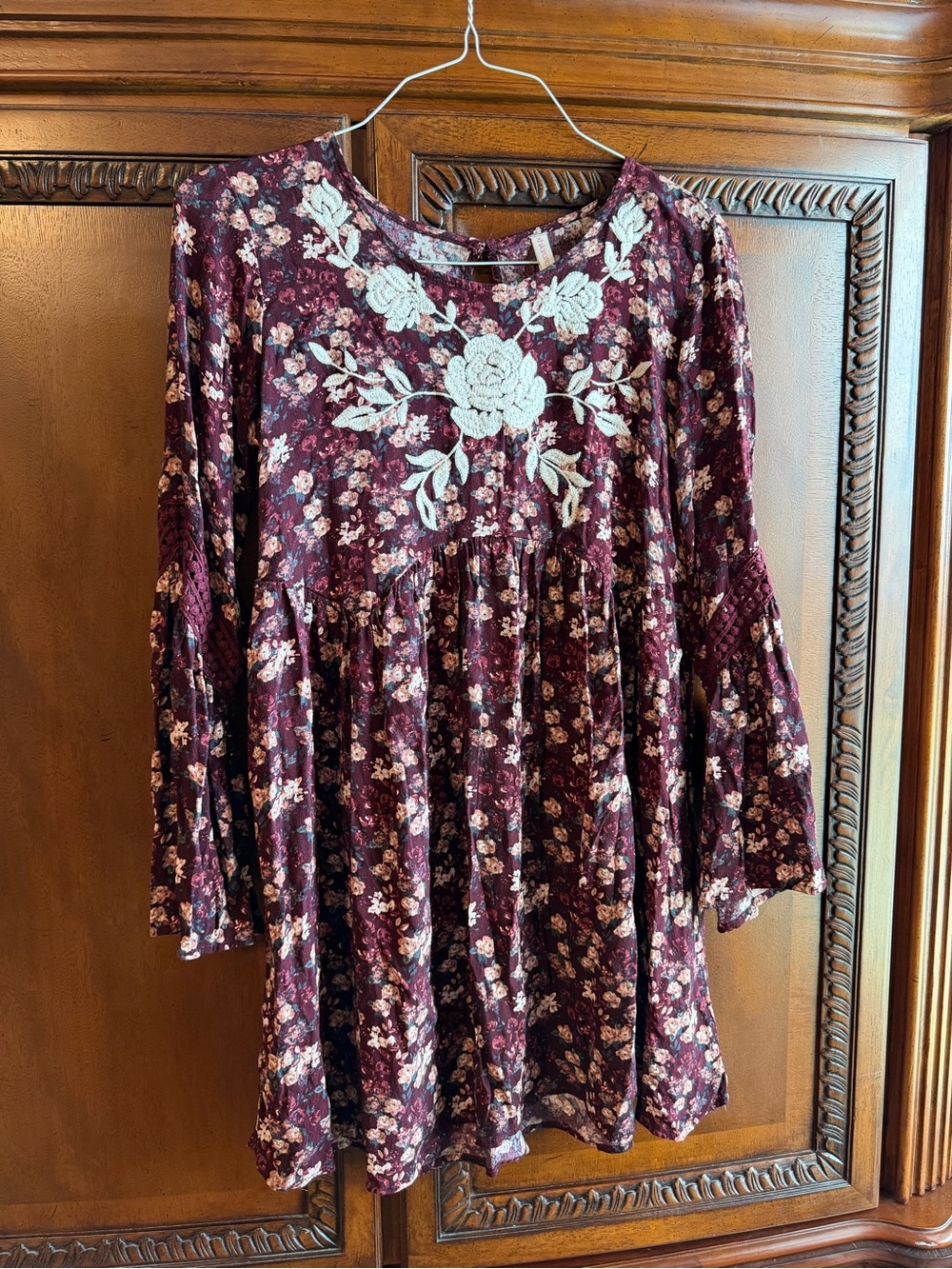 Xhilaration Burgundy Floral Mini Dress with Cream Embroidery